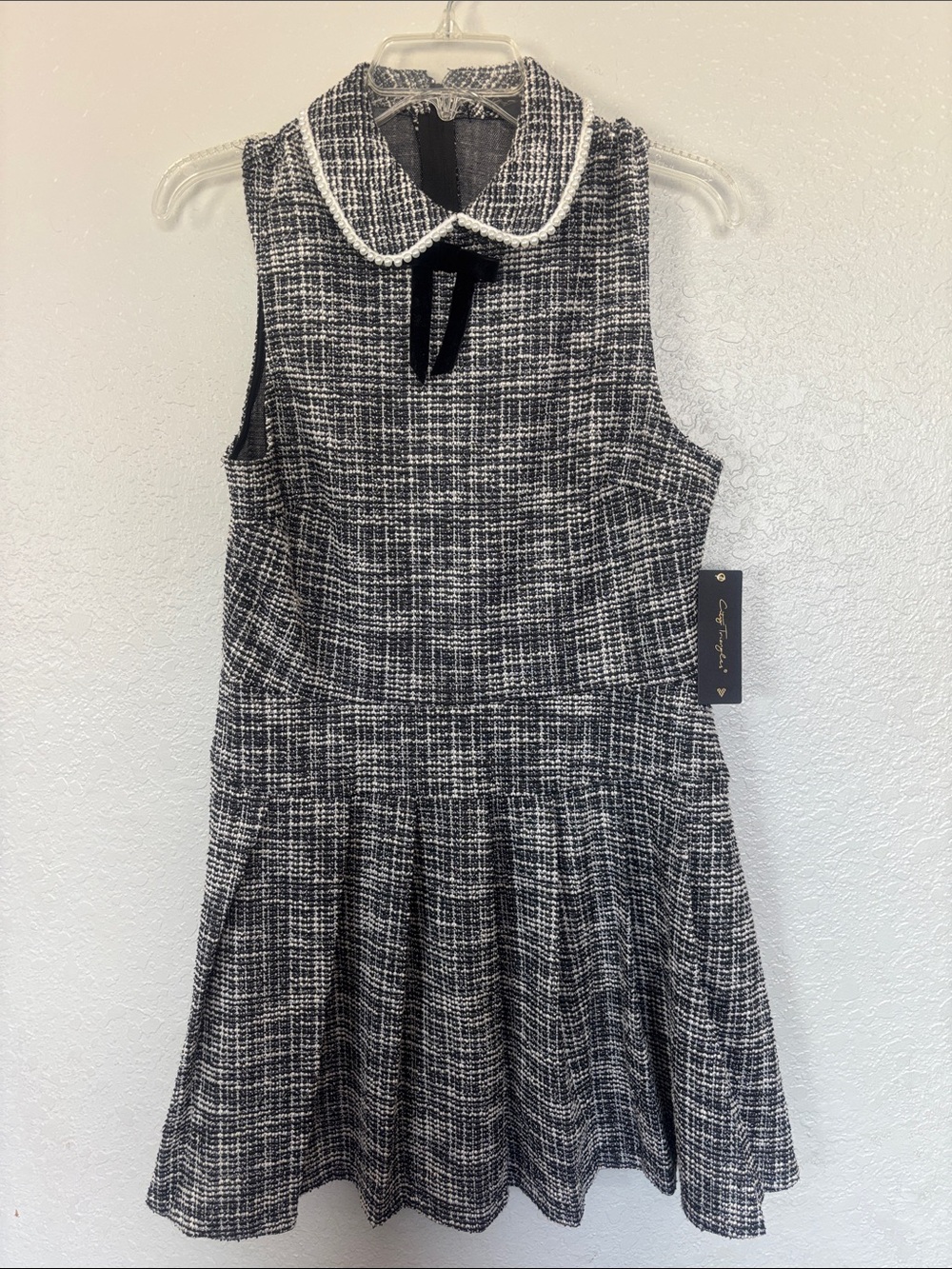 Pearl-Trim Black & White Tweed Dress with Velvet Bow